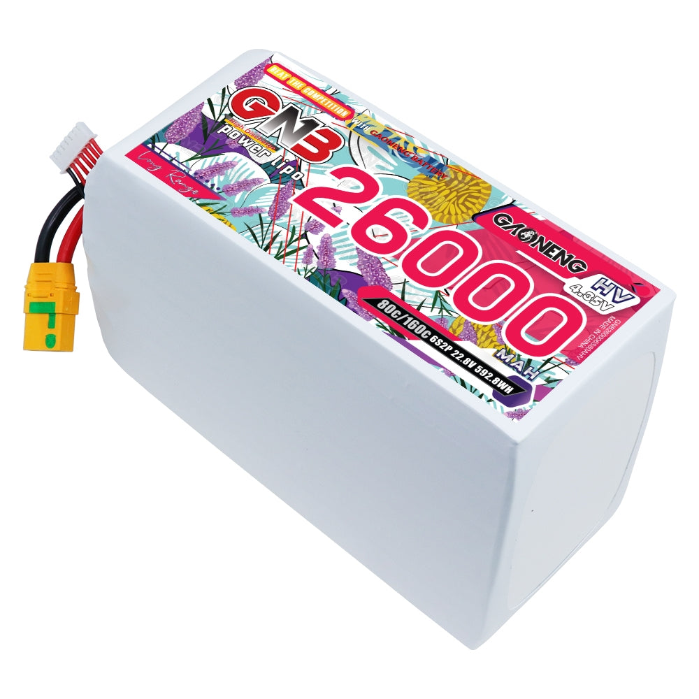 GAONENG GNB 6S HV 22.8V 26000mAh 80C LiPo battery with XT90S anti-spark lead, angled view
