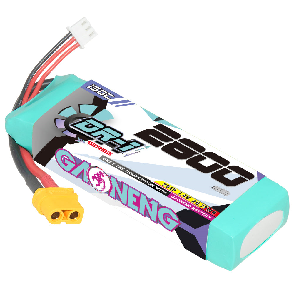 GNB DR-1 2S 7.4V 2800mAh 150C LiPo battery angled view with XT60 plug and balance connector