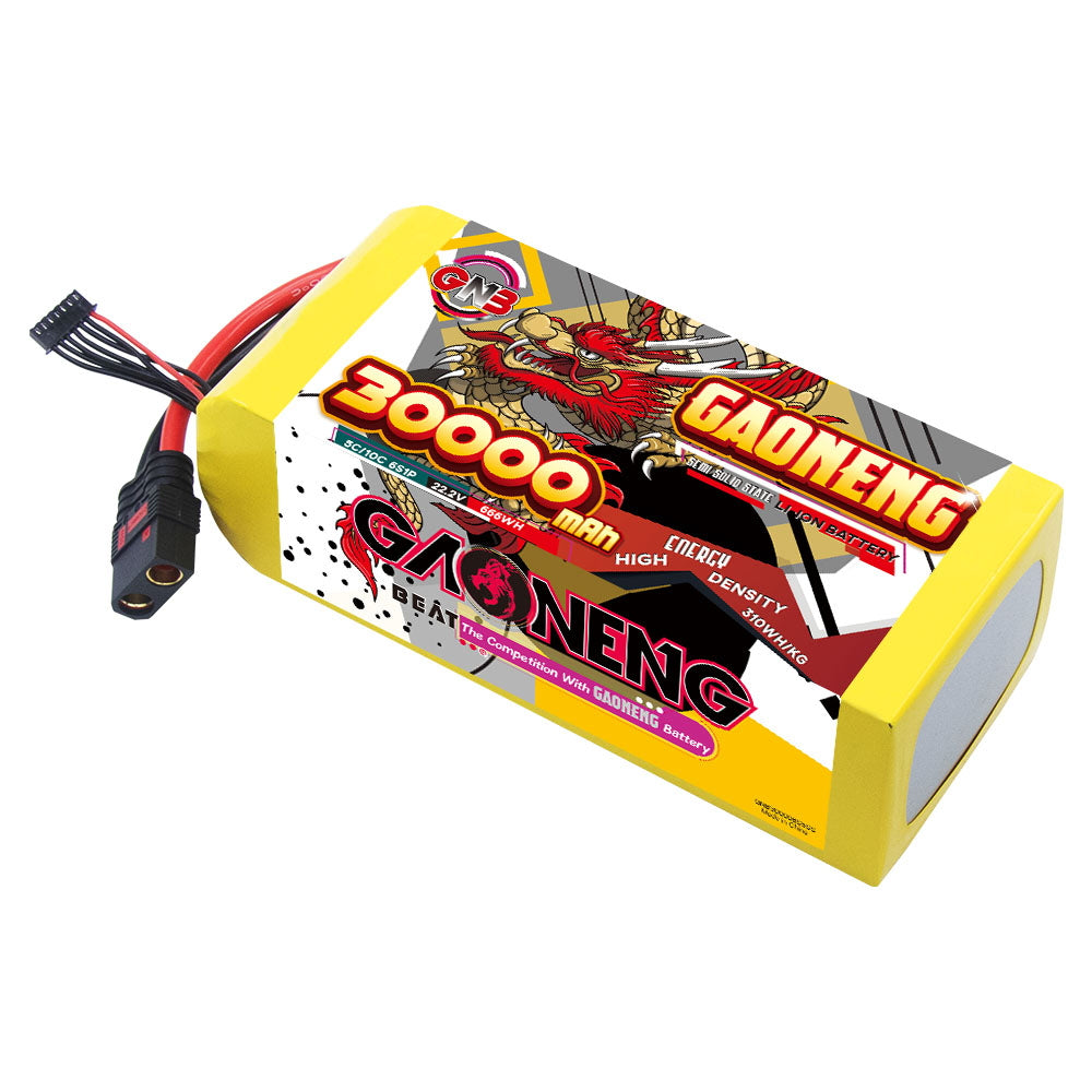 GAONENG GNB 30000mAh 6S 22.2V Li-ion UAV battery pack with QS8 connector, angled top view