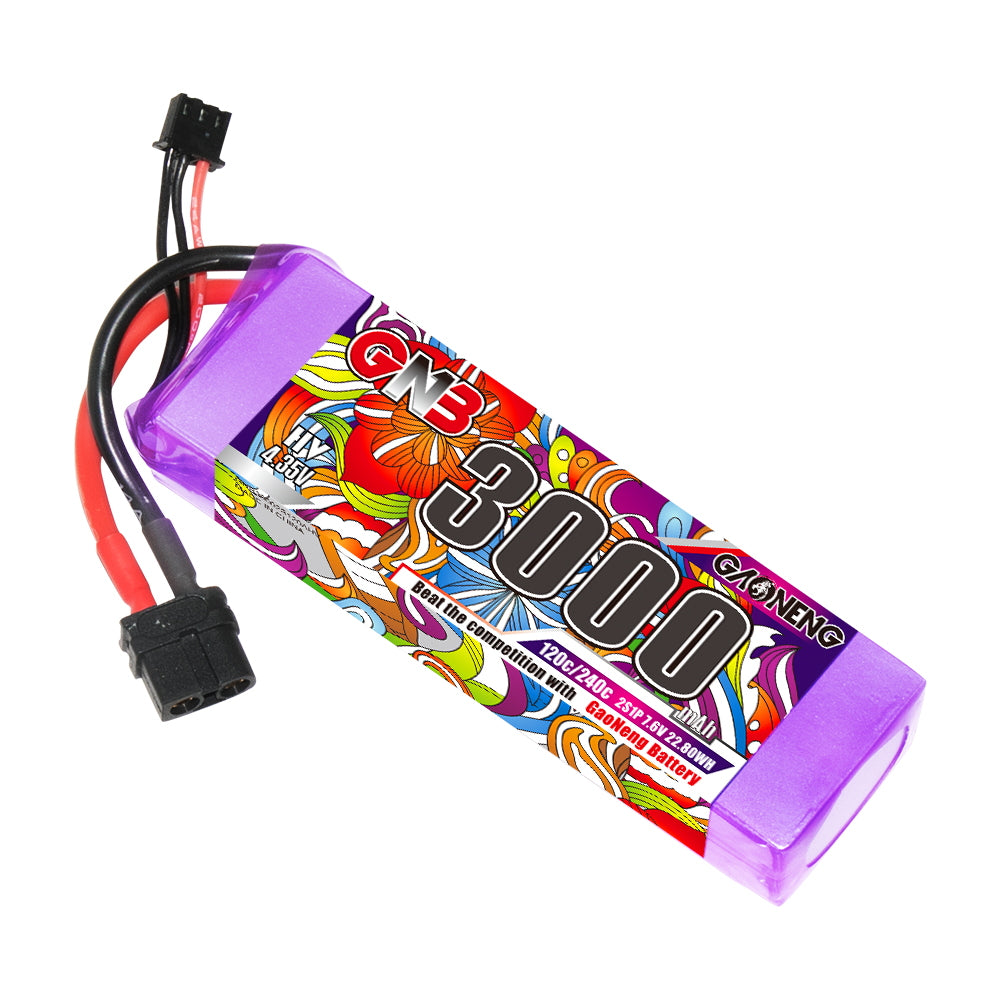 GAONENG GNB 3000mAh LiHV battery pack, angled view showing XT60 plug and balance lead