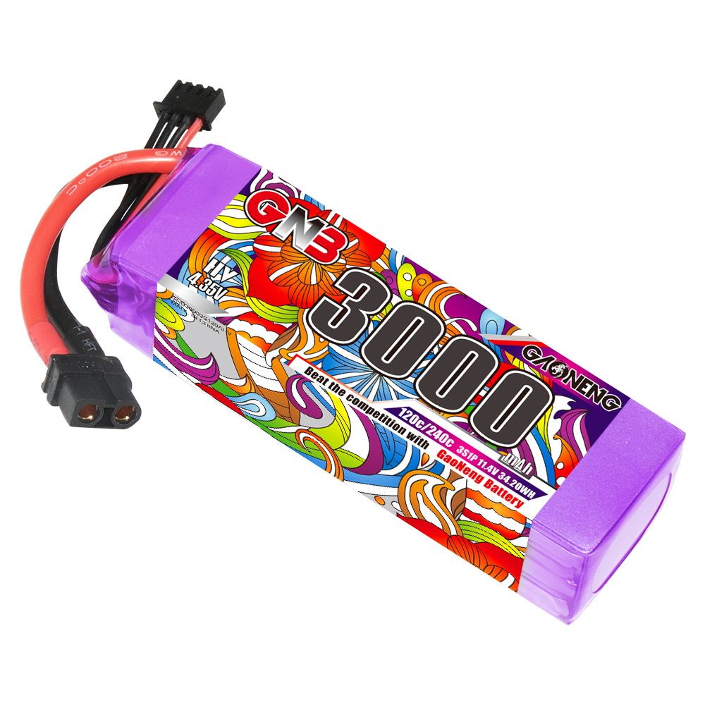 GAONENG GNB30003S120AHV LiHV 3S 11.4V 3000mAh 120C XT60 battery, angled view with leads