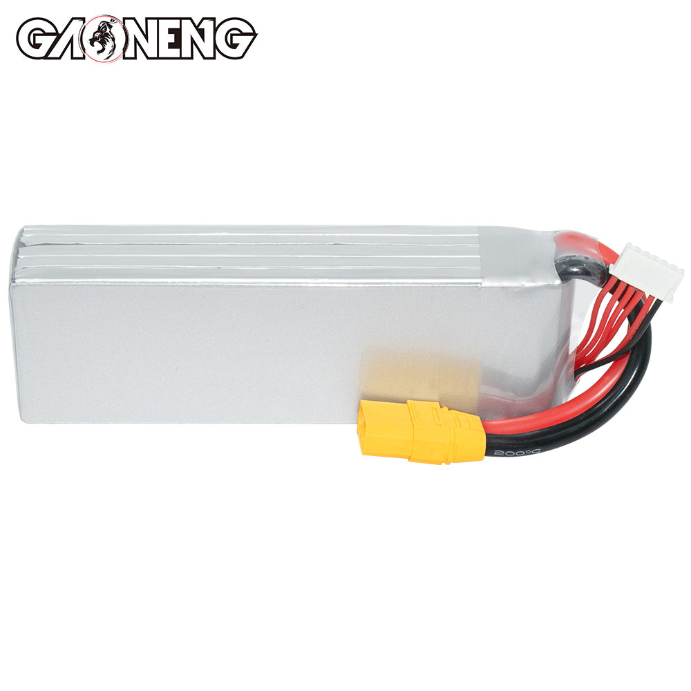 Back/side view of silver hardcase battery showing XT90 connector and balance plug wiring