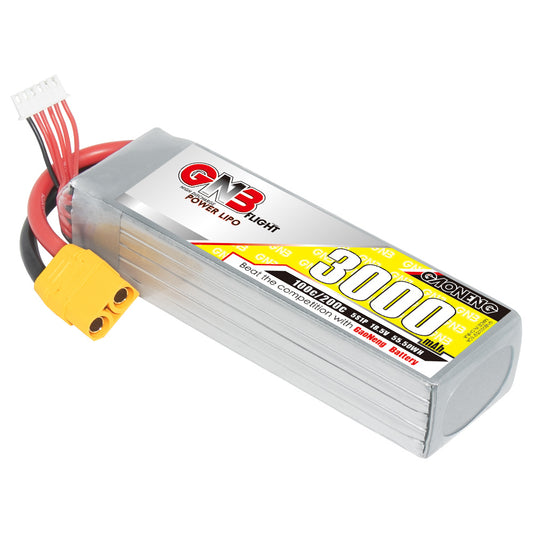GNB 5S 3000mAh 100C LiPo battery with XT90 connector and balance lead, angled view