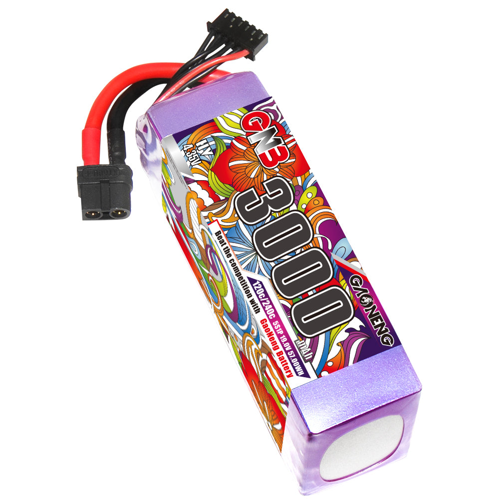 GNB 5S 3000mAh LiHV XT60 LiPo battery pack for RC models, purple hardcase with balance lead