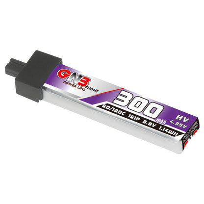 GNB 300mAh 1S LiHV LiPo battery, angled close-up showing label and A30 plug end