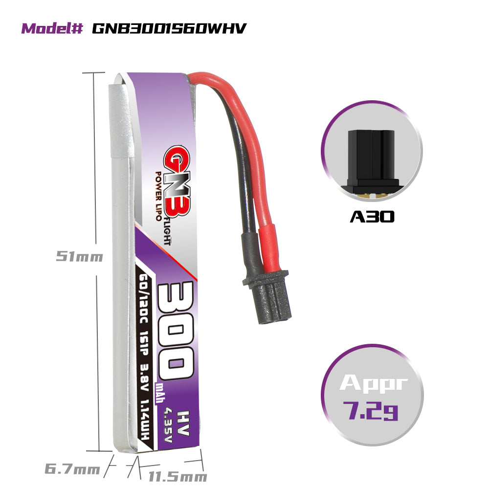 GNB3001S60WHV battery dimensions diagram, 51mm length and A30 connector shown, approx 7.2g