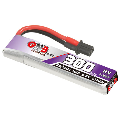 GAONENG GNB 300mAh 1S 3.8V LiHV 60C LiPo battery, side view with A30 connector lead