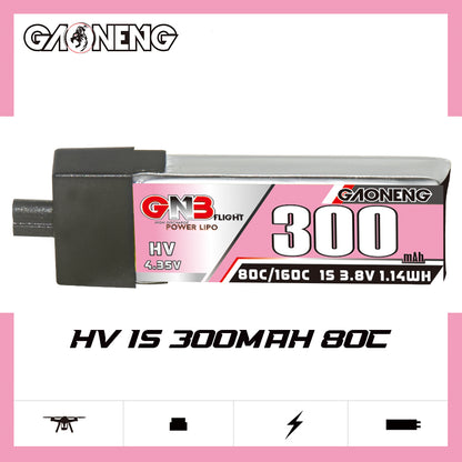 Side profile of GNB 300mAh HV 1S LiHV battery showing 80C/160C rating label and A30 plug