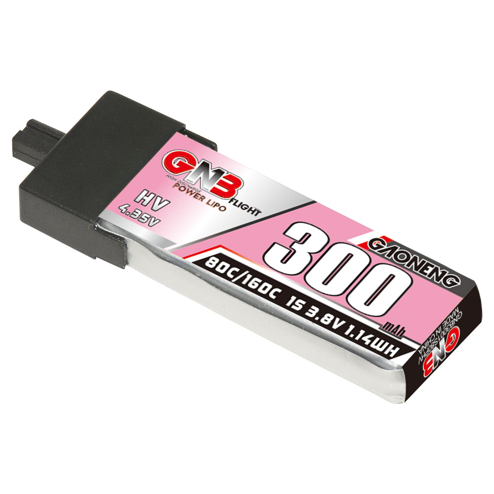 GAONENG GNB 1S 3.8V 300mAh 80C LiHV battery with A30 plastic head, angled product view