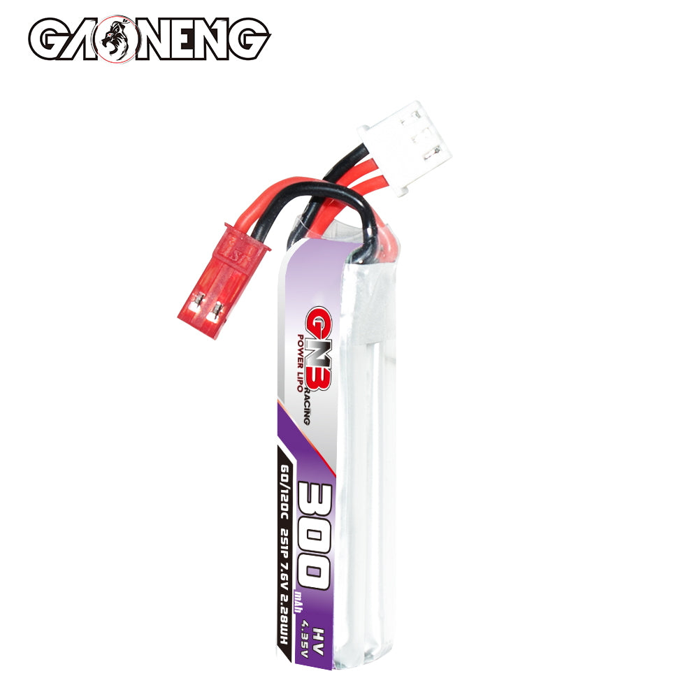 Standing side view of GNB 300mAh HV 2S LiHV battery showing thickness and lead orientation
