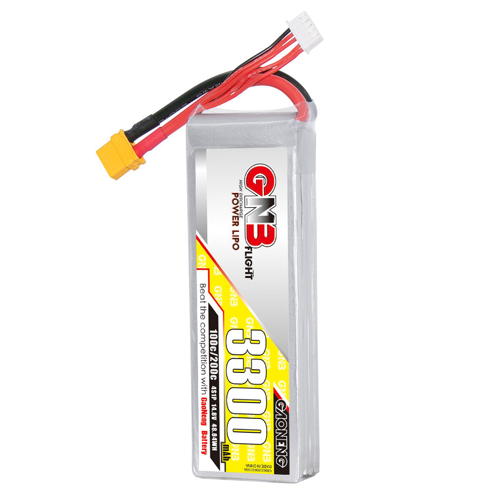 GAONENG GNB 4S 14.8V 3300mAh 100C LiPo battery, label side with XT60 plug and balance lead