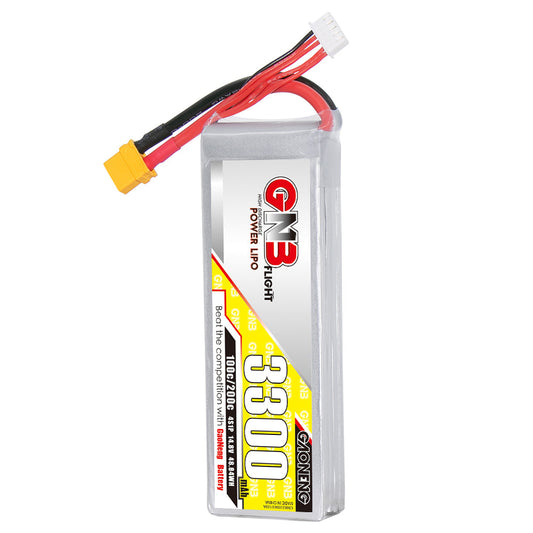 GAONENG GNB 4S 14.8V 3300mAh 100C LiPo battery, label side with XT60 plug and balance lead