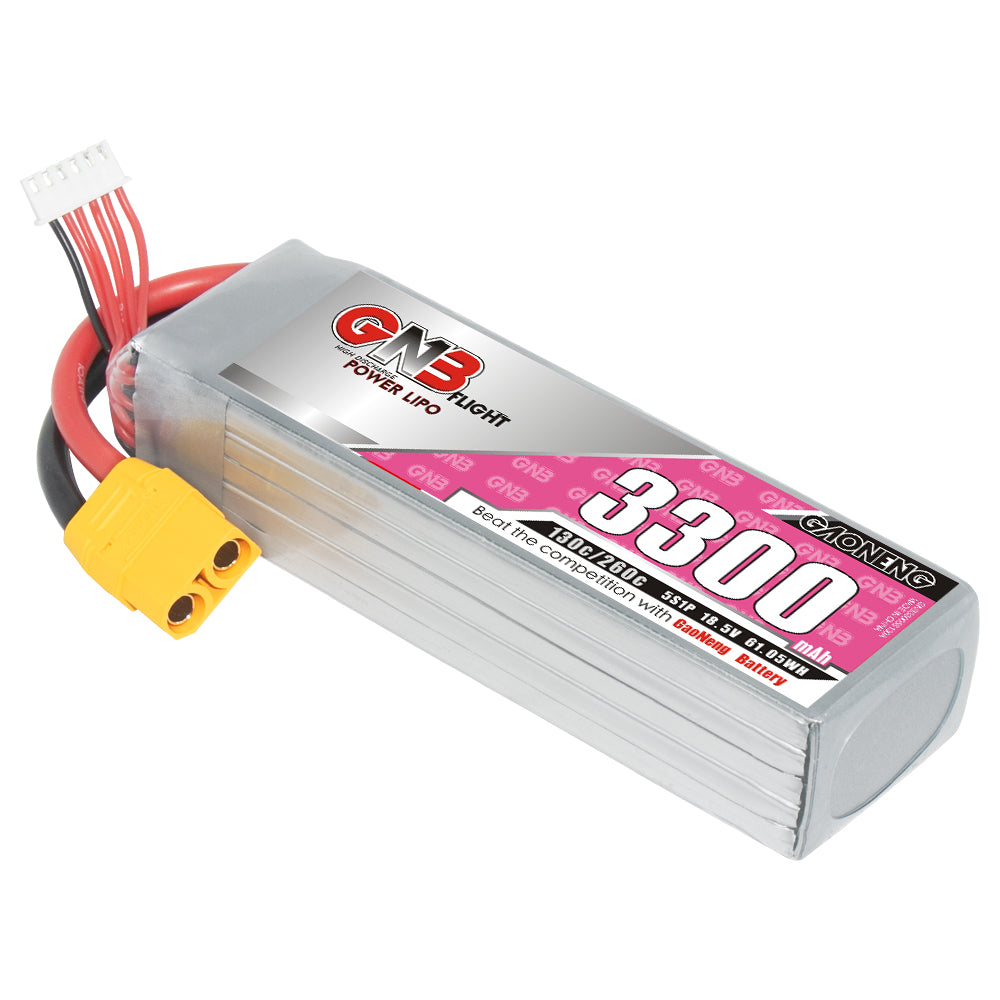 GAONENG GNB 5S 3300mAh 130C LiPo battery with XT90 connector, angled close-up of label and leads