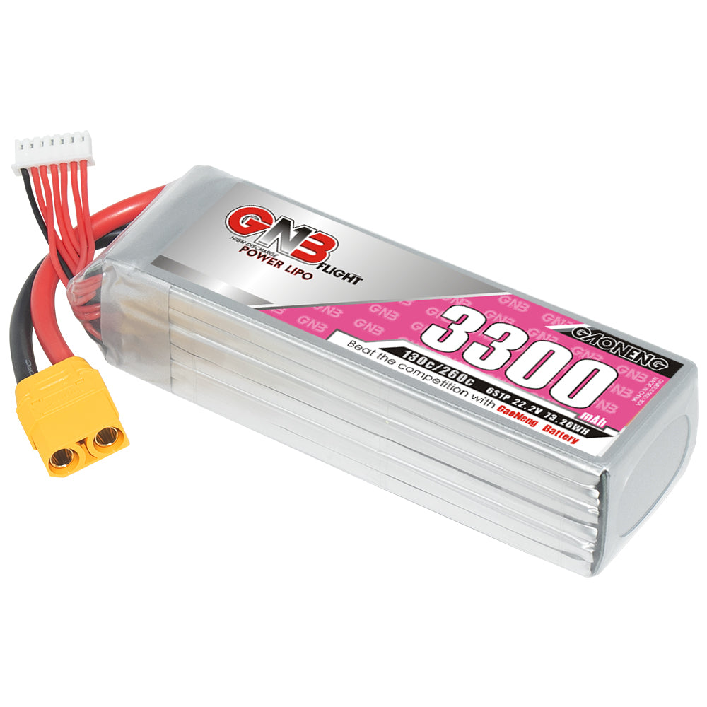 GAONENG GNB 6S 3300mAh 130C LiPo battery 22.2V with XT90 and balance lead, angled view