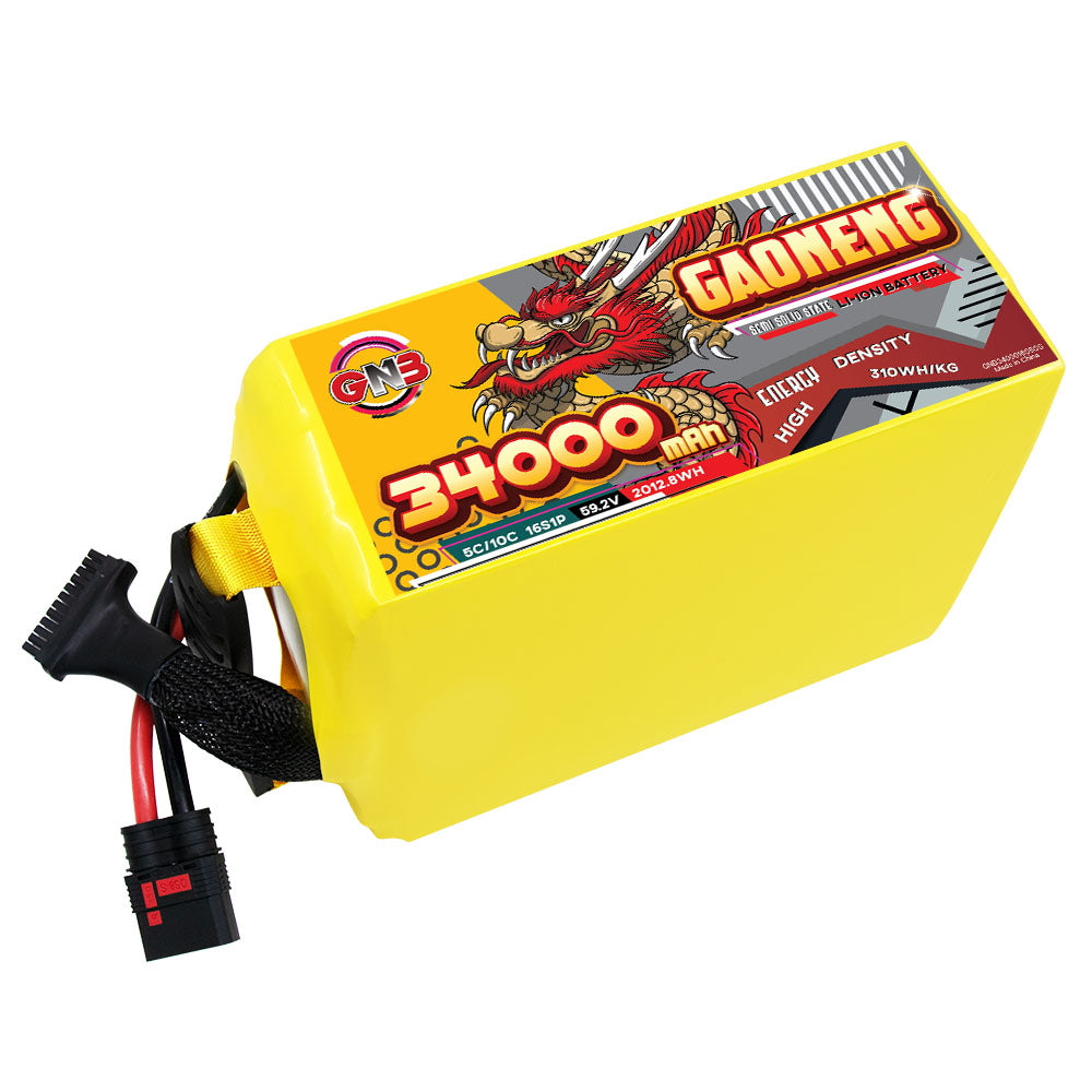 GAONENG GNB 34000mAh 16S 59.2V Li-ion battery pack with QS8 discharge lead, yellow shrink wrap
