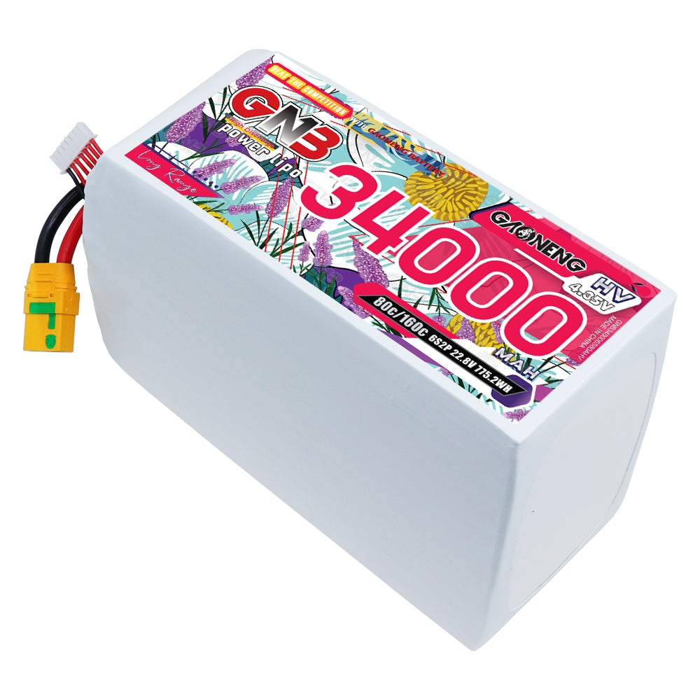 GAONENG GNB 6S 34000mAh HV LiPo battery pack with XT90S anti-spark connector, angled top view