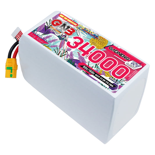 GAONENG GNB 6S 34000mAh HV LiPo battery pack with XT90S anti-spark connector, angled top view