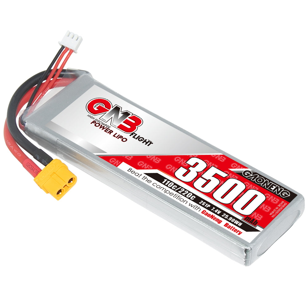 GAONENG GNB 2S 7.4V 3500mAh 110C LiPo battery with XT60 plug and balance lead, angled view