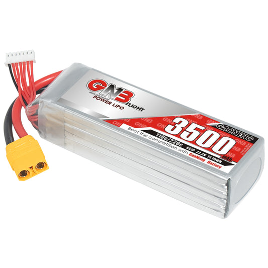 GAONENG GNB 6S 3500mAh 110C LiPo battery with XT90 connector and balance lead, angled view