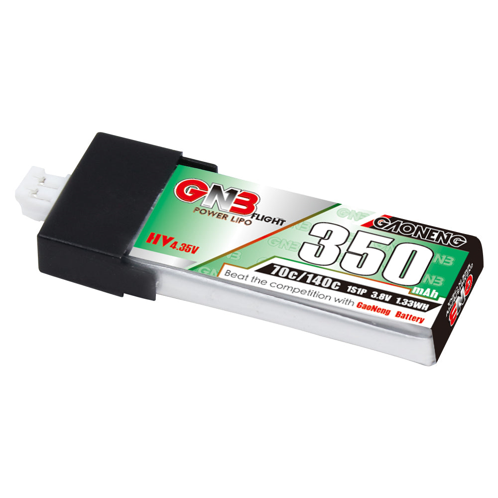 GNB350 1S LiHV 3.8V 350mAh 70C micro LiPo battery, angled view with PH2.0 connector