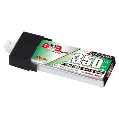 GNB350 1S LiHV 3.8V 350mAh 70C micro LiPo battery, angled view with PH2.0 connector