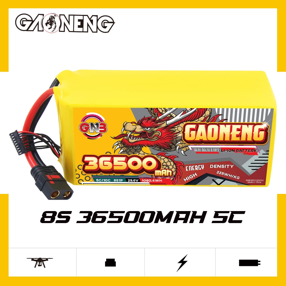 GNB 8S 36500mAh 5C UAV/eVTOL battery pack hero image with product name and icons