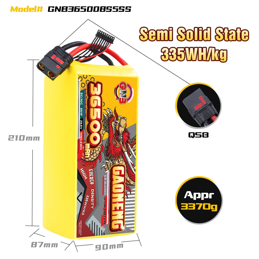 Battery dimensions diagram for model GNB365008S5SSS with QS8 connector and approx weight