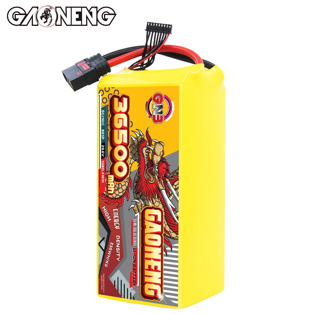 Front label view of GAONENG 36500mAh battery pack standing upright with wired leads