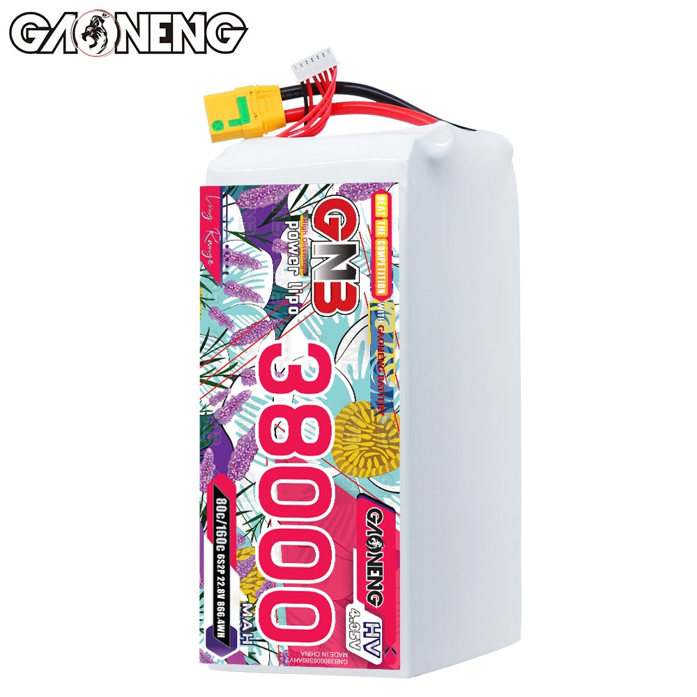Front label view of GNB 38000 pack with main discharge lead and balance connector on top