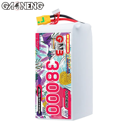 Front label view of GNB 38000 pack with main discharge lead and balance connector on top