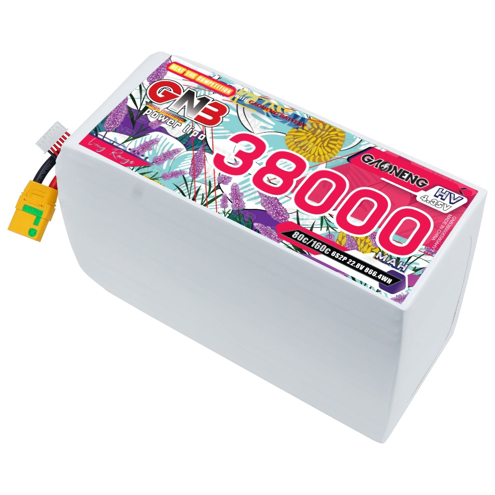 GNB 38000mAh 6S 22.8V HV LiPo battery pack with XT90S anti-spark plug, angled top view