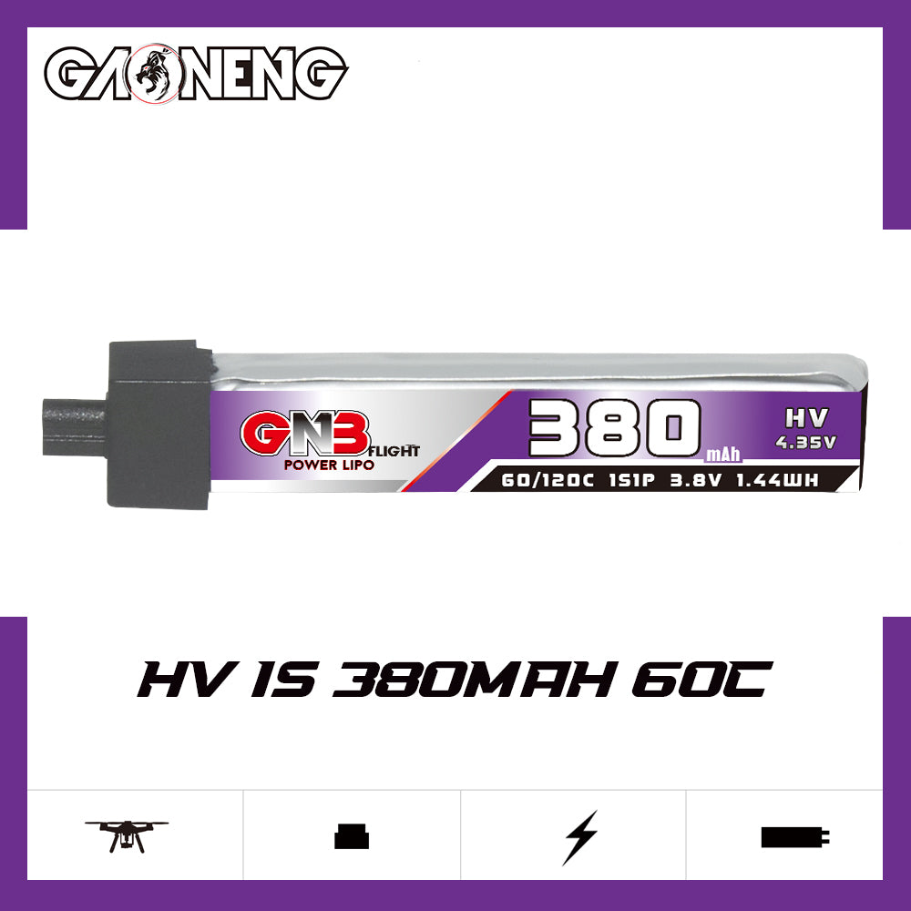GNB 380mAh HV 60C 1S LiHV battery, side label view with GAONENG branding