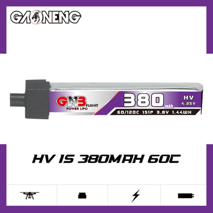 GNB 380mAh HV 60C 1S LiHV battery, side label view with GAONENG branding