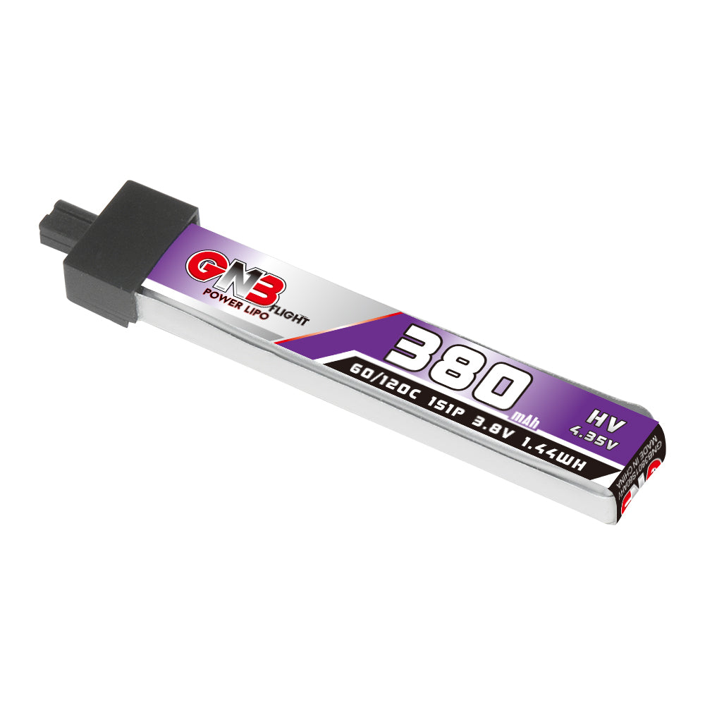 GAONENG GNB 380mAh 1S 3.8V LiHV 60C battery with A30 connector, angled view