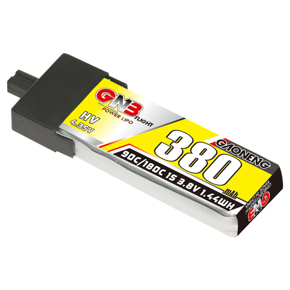 Single GNB 380mAh 1S 3.8V LiHV FPV whoop battery with A30 plastic connector, angled view