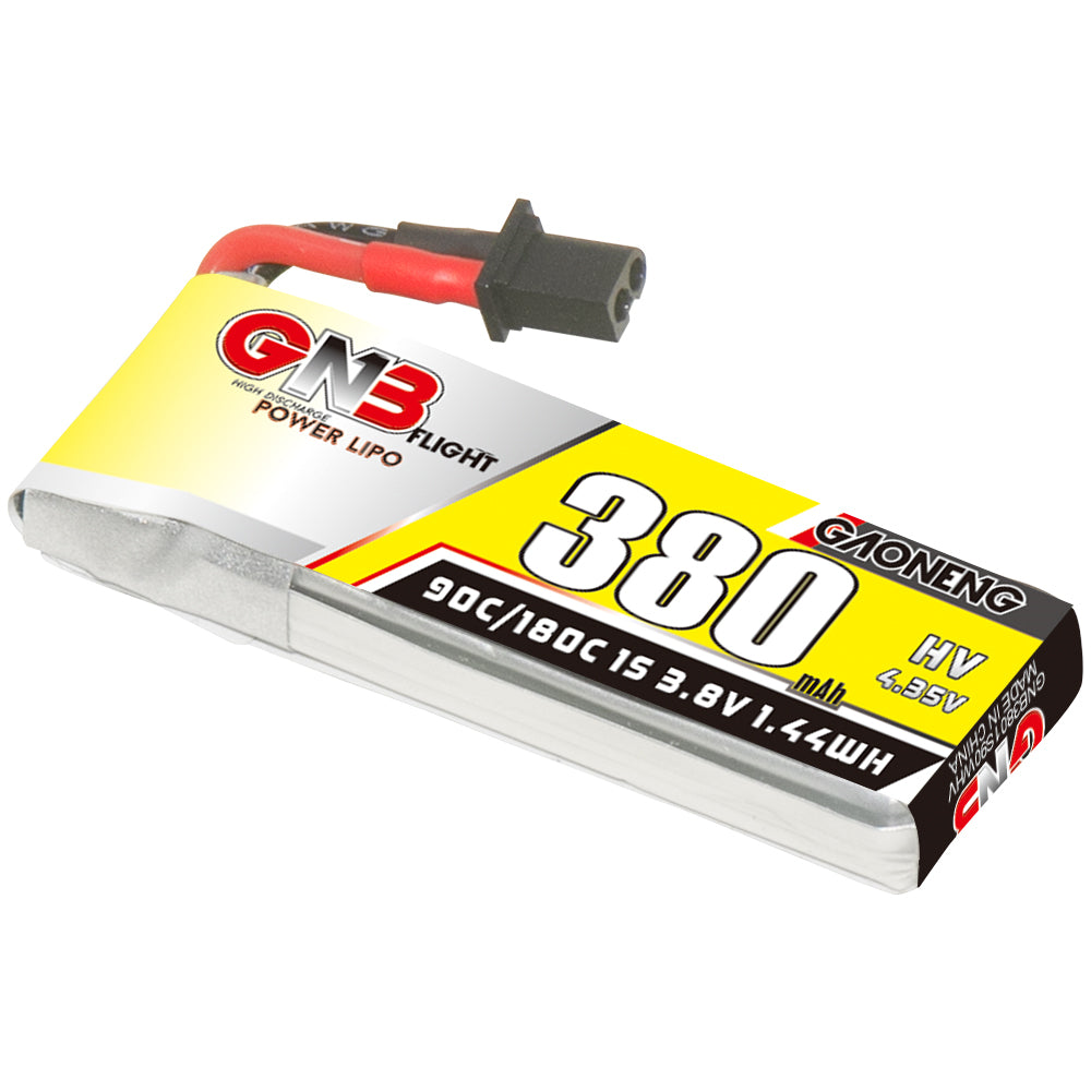 Close-up of GNB 380mAh 1S LiHV battery label with A30 plug and red/black lead