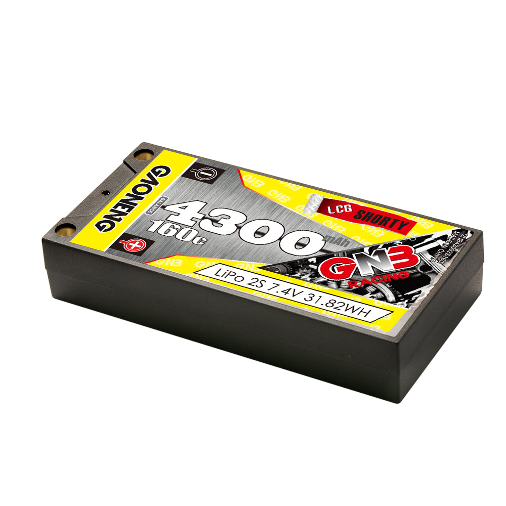 Angled view of GNB 4300mAh 2S 160C LCG shorty hard case LiPo battery pack