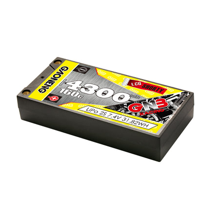 Angled view of GNB 4300mAh 2S 160C LCG shorty hard case LiPo battery pack