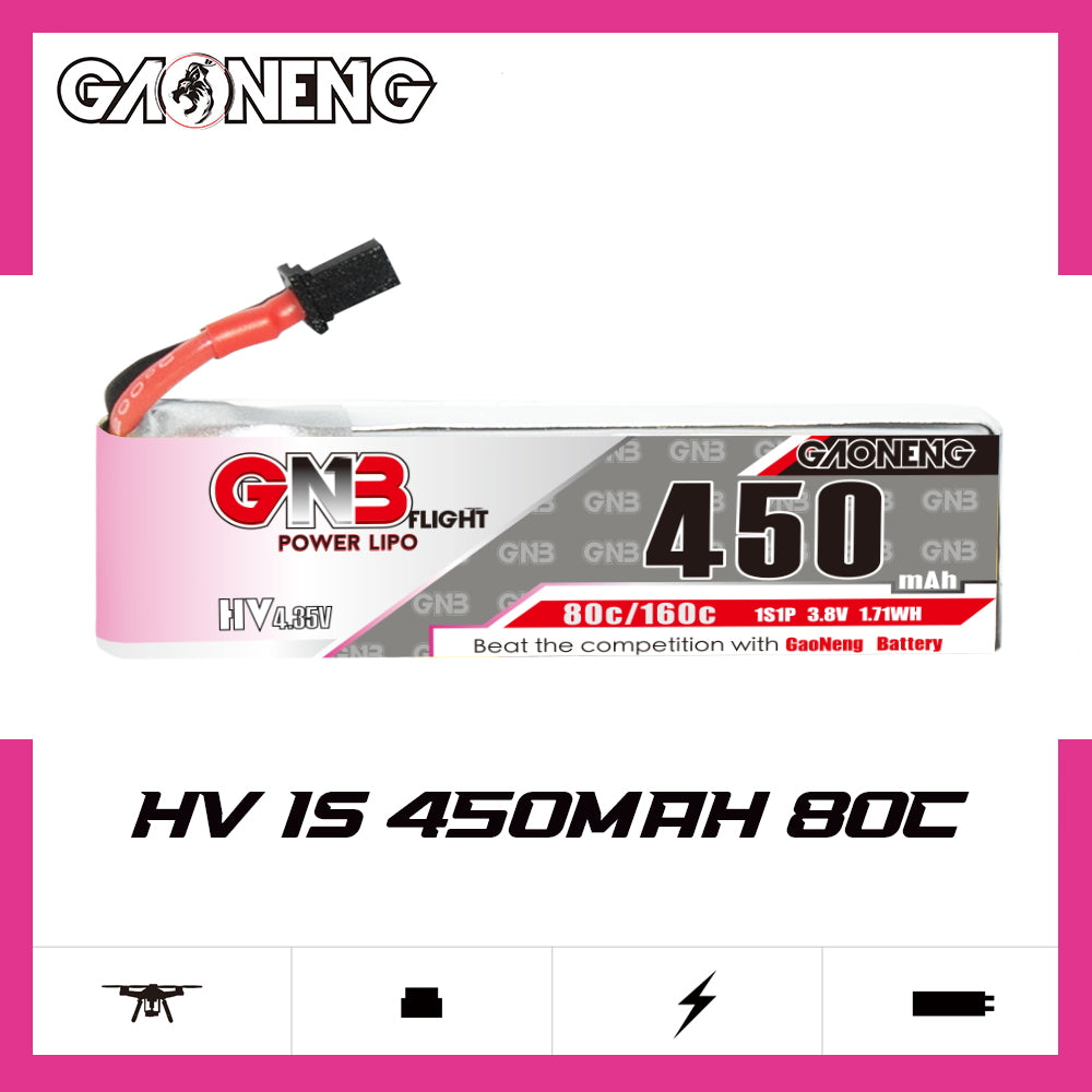 GNB 450mAh 80C 1S LiHV battery label view with A30 lead and GAONENG branding
