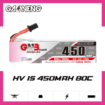 GNB 450mAh 80C 1S LiHV battery label view with A30 lead and GAONENG branding