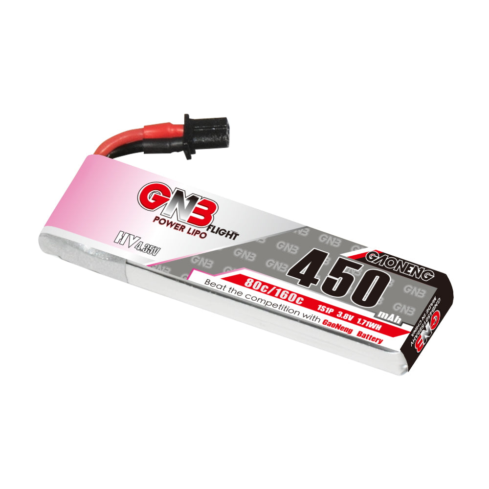 GAONENG GNB450 1S 3.8V LiHV 450mAh 80C LiPo battery with A30 cable, angled view