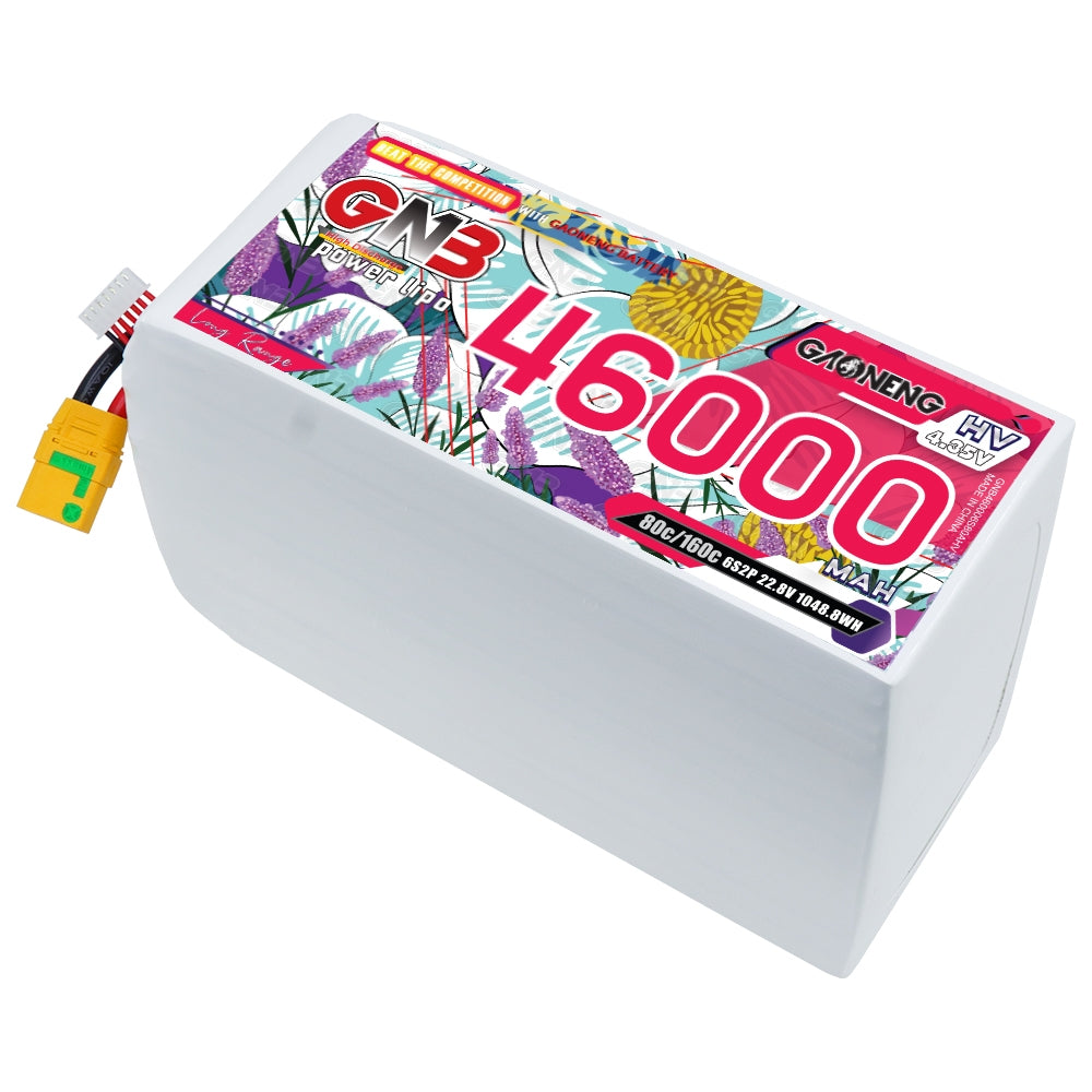 GAONENG GNB 6S 22.8V HV 46000mAh 80C LiPo battery pack with XT90S anti-spark lead, angled view