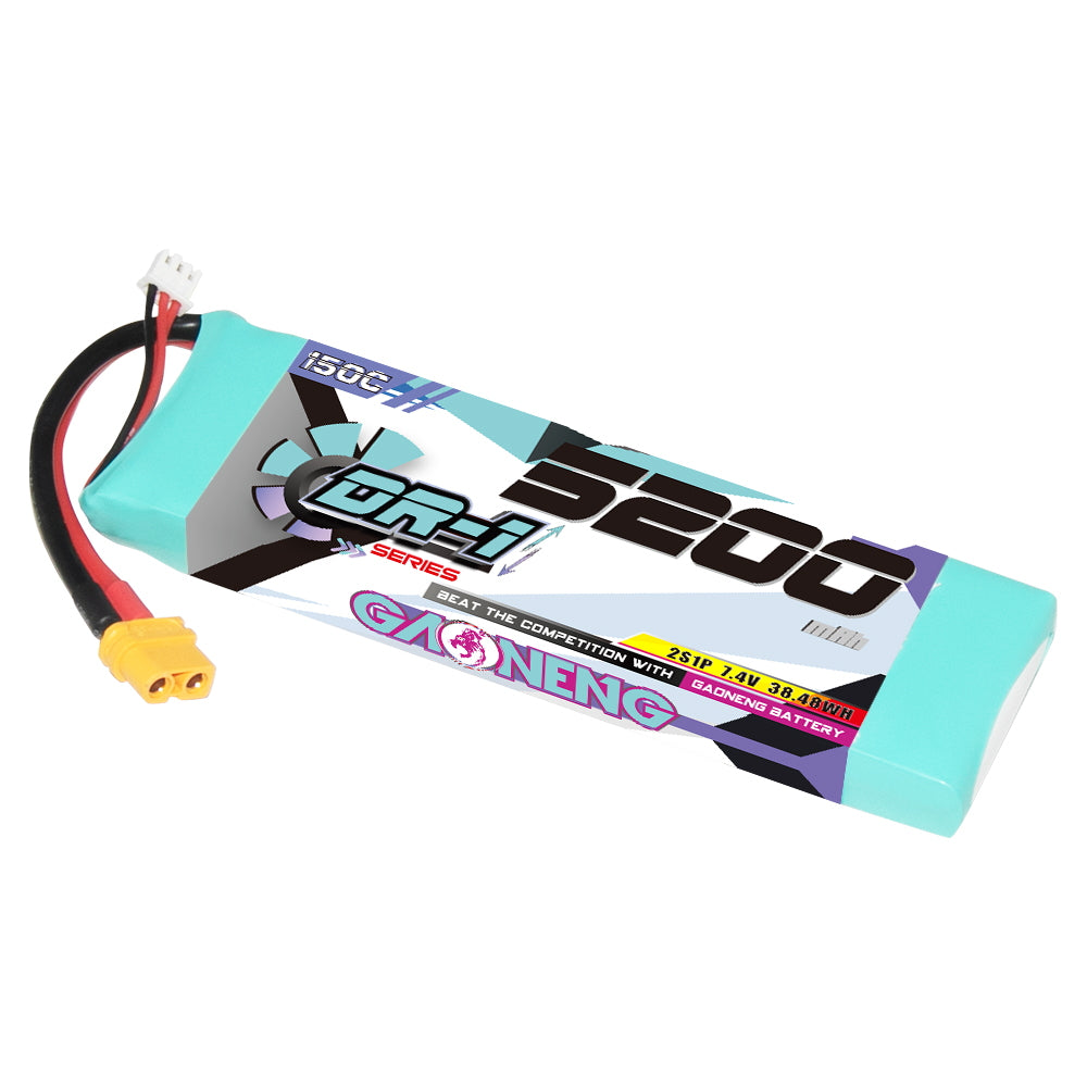 GNB DR-1 2S 7.4V 5200mAh 150C LiPo battery with XT60 connector, angled main view