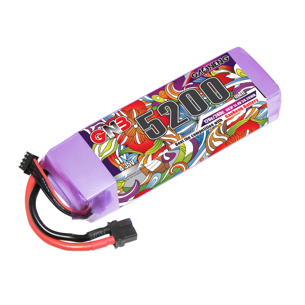 GAONENG GNB LiHV 3S 11.4V 5200mAh 120C LiPo battery pack with XT60 connector, angled view