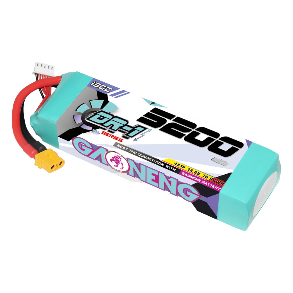 GAONENG GNB DR-1 4S 5200mAh 150C LiPo battery with XT60 plug and balance lead, angled view