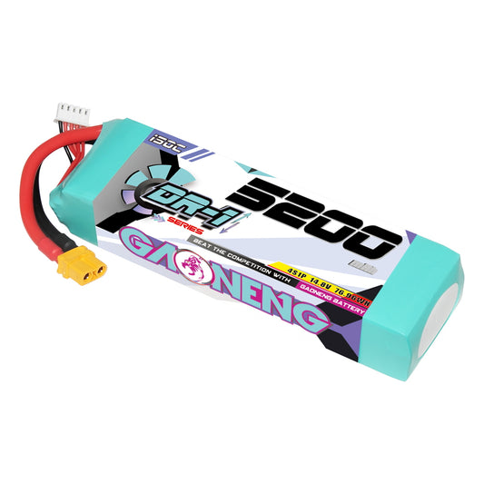 GAONENG GNB DR-1 4S 5200mAh 150C LiPo battery with XT60 plug and balance lead, angled view