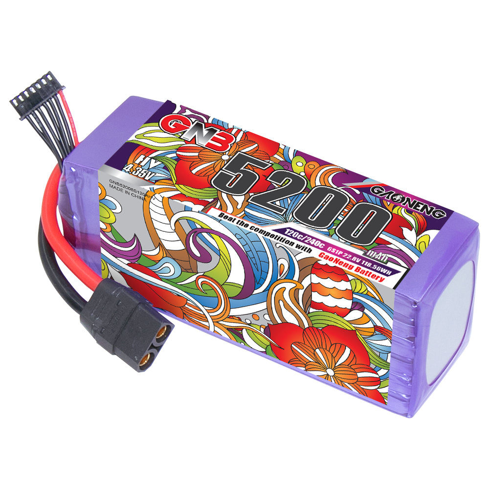 GAONENG GNB 6S 5200mAh 120C LiHV LiPo battery with XT90 plug and balance lead, angled view