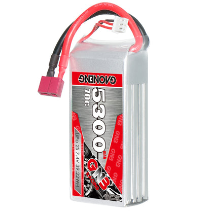 GAONENG GNB53002S70C 2S 7.4V 5300mAh 70C LiPo battery with T-plug and balance lead, upright view