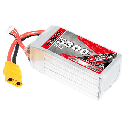 GNB 3S 11.1V 5300mAh 70C LiPo battery with XT90 connector, angled view showing label