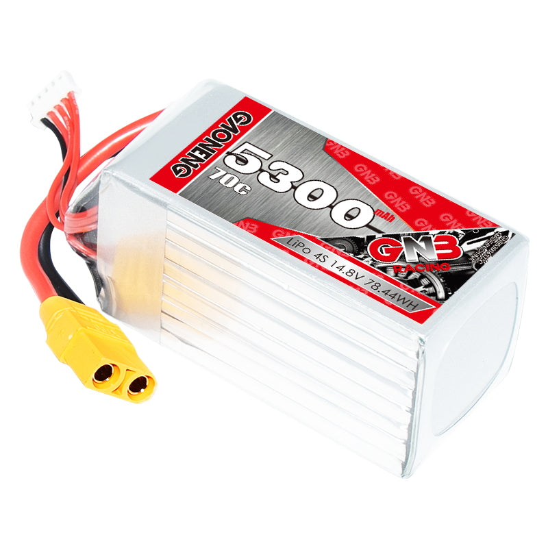 GAONENG GNB 4S 5300mAh 70C LiPo battery with XT90 connector, angled view showing label